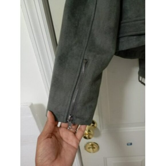 Forever 21 Olive Green Faux Suede Moto Jacket With Zipper Pockets & Belt Size L - Picture 8 of 12